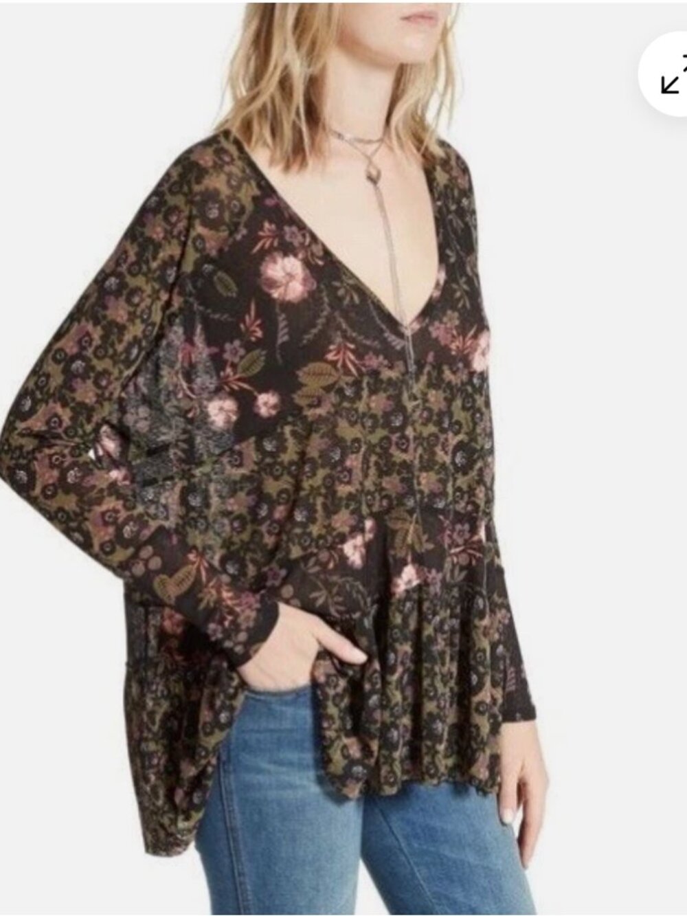 FREE PEOPLE Isabelle Black/Green Floral V-Neck Tiered Tunic Top sz M